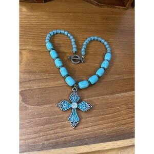 Maltese Cross Enamel Pendant With Turquoise And Glass Beads 16” Necklace